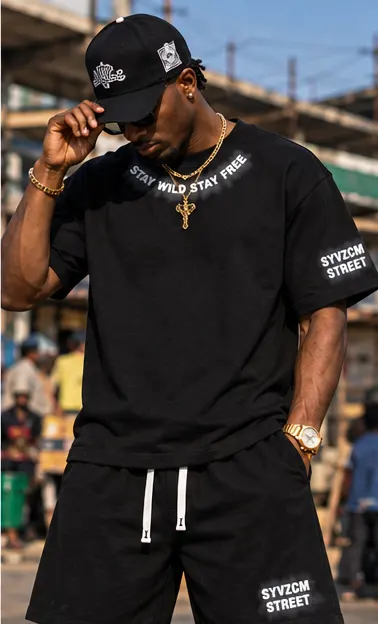Smoke Mark Contrast Trim Tee & Shorts Set — Black on a streetwear model
