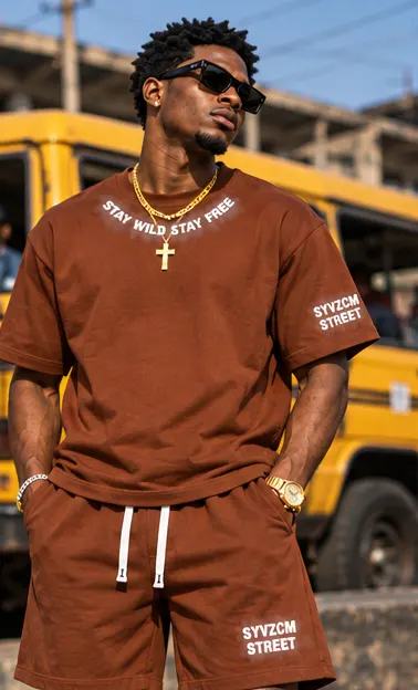 Smoke Mark Contrast Trim Tee & Shorts Set — Brown on a streetwear model