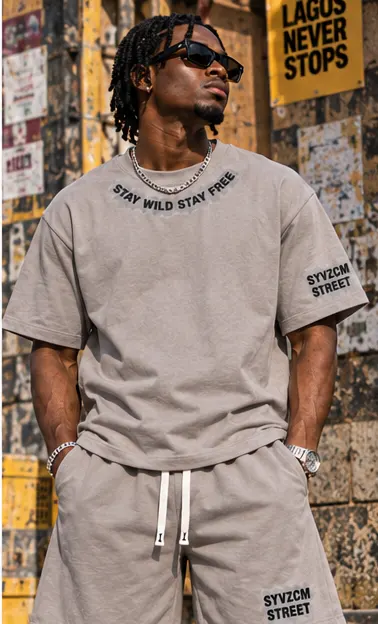 Smoke Mark Contrast Trim Tee & Shorts Set — Grey on a streetwear model