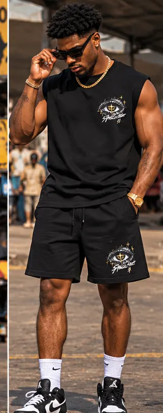 SYVZCM Emblem Shorts Set — Black on a streetwear model