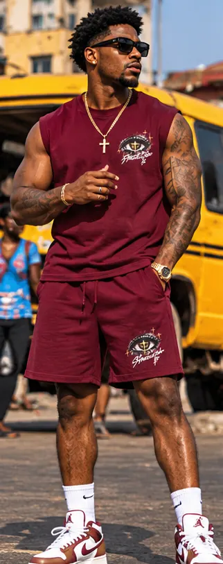 SYVZCM Emblem Shorts Set — Wine Red on a streetwear model