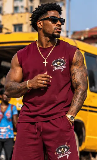SYVZCM Emblem Shorts Set — Wine Red on a streetwear model