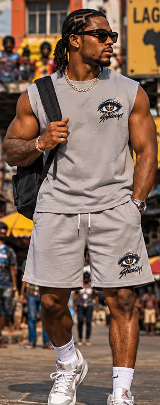 SYVZCM Emblem Shorts Set — Grey on a streetwear model