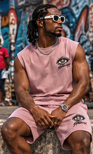 SYVZCM Emblem Shorts Set — Pink on a streetwear model