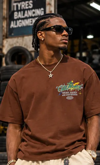 SYVZCM Embroidered Polo — Brown on a streetwear model