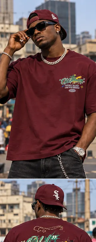 SYVZCM Embroidered Polo — Wine Red on a streetwear model