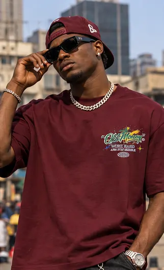 SYVZCM Embroidered Polo — Wine Red on a streetwear model
