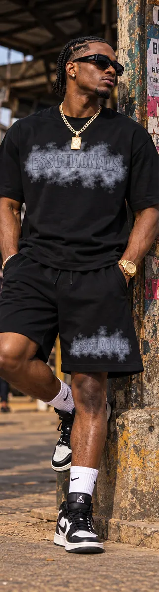 Essentials Graphic Tee & Shorts Set — Black on a streetwear model