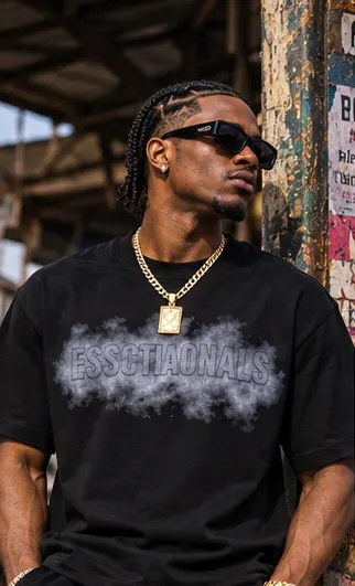 Essentials Graphic Tee & Shorts Set — Black on a streetwear model