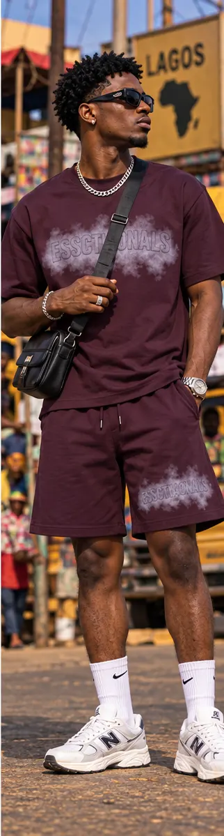 Essentials Graphic Tee & Shorts Set — Wine Red on a streetwear model