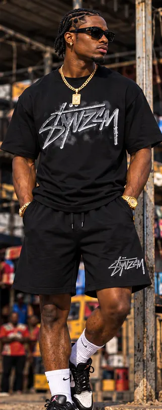 SYVZCM Graffiti Shorts Set — Black on a streetwear model