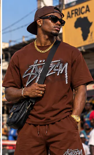 SYVZCM Graffiti Shorts Set — Brown on a streetwear model