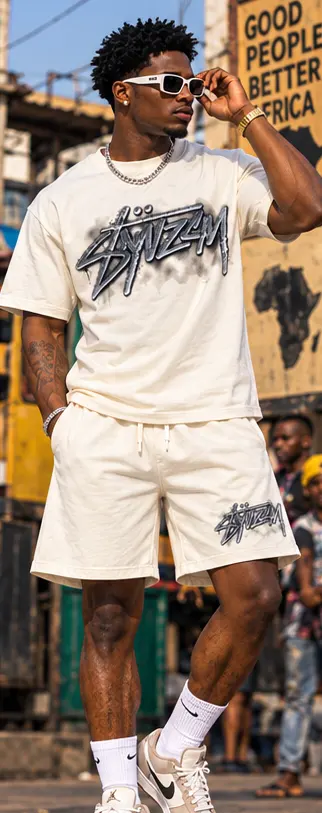 SYVZCM Graffiti Shorts Set — Ivory on a streetwear model
