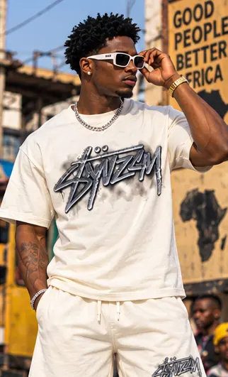 SYVZCM Graffiti Shorts Set — Ivory on a streetwear model