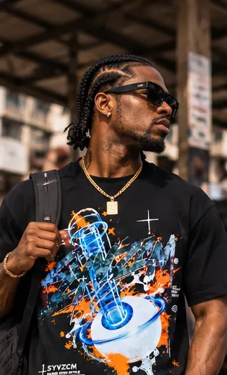 SYVZCM Graphic Art T Shirt — Black on a streetwear model