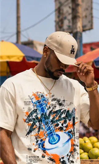 SYVZCM Graphic Art T Shirt — Ivory on a streetwear model