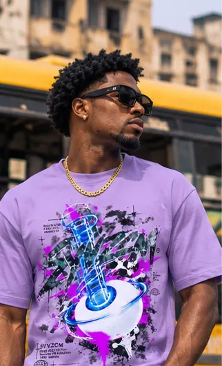 SYVZCM Graphic Art T Shirt — Purple on a streetwear model
