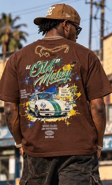 Old Money Car Graphic T-Shirt — Brown on a streetwear model