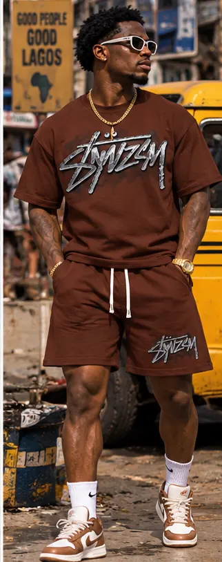 SYVZCM Signature Shorts Set — Brown on a streetwear model