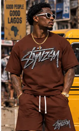 SYVZCM Signature Shorts Set — Brown on a streetwear model