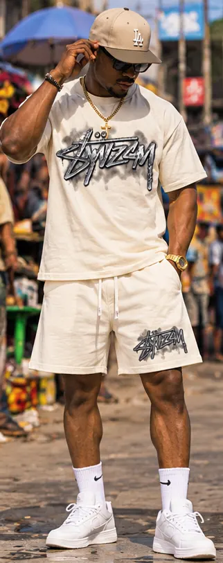 SYVZCM Signature Shorts Set — Ivory on a streetwear model