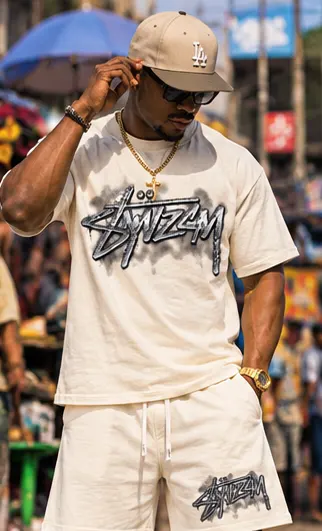 SYVZCM Signature Shorts Set — Ivory on a streetwear model