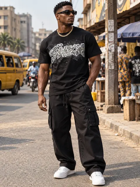 SYVZCM Silver Graffiti T Shirt — Black on a streetwear model